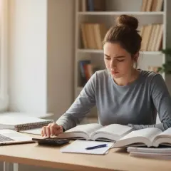 Młoda kobieta z włosami upiętymi w kok uczy się przy biurku, korzystając z laptopa i kalkulatora.