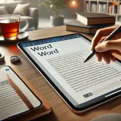 Dłoń pisząca na tablecie z tekstem "Word Word", obok kubek herbaty i telefon.
