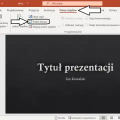 Zrzut ekranu z programu PowerPoint, pokazujący menu "Pokaz slajdów" z zaznaczoną opcją "Próba tempa".