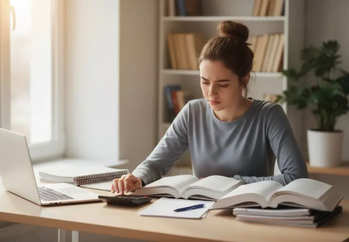 Młoda kobieta z włosami upiętymi w kok uczy się przy biurku, korzystając z laptopa i kalkulatora.