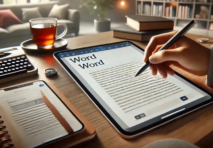 Dłoń pisząca na tablecie z tekstem "Word Word", obok kubek herbaty i telefon.