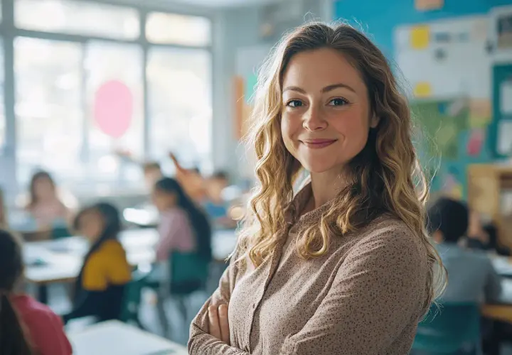 Uśmiechnięta nauczycielka z rozwianymi włosami stoi przed klasą pełną uczniów.