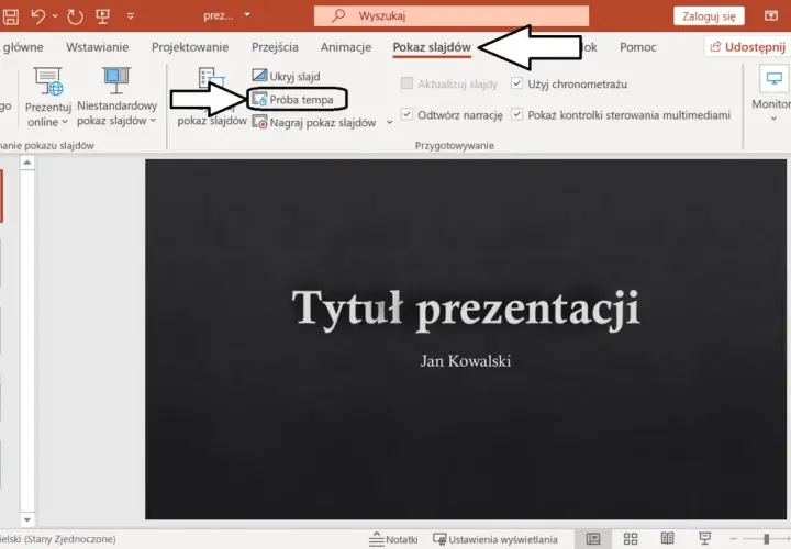 Zrzut ekranu z programu PowerPoint, pokazujący menu "Pokaz slajdów" z zaznaczoną opcją "Próba tempa".