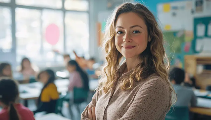 Uśmiechnięta nauczycielka z rozwianymi włosami stoi przed klasą pełną uczniów.