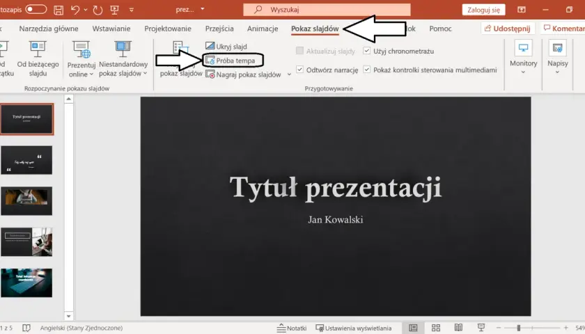 Zrzut ekranu z programu PowerPoint, pokazujący menu "Pokaz slajdów" z zaznaczoną opcją "Próba tempa".